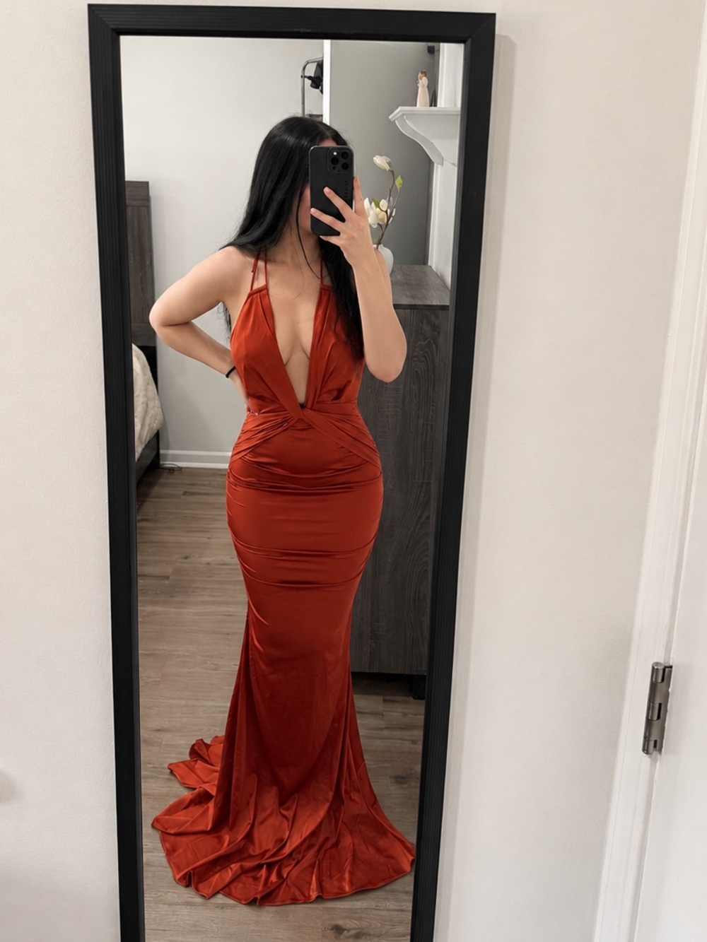 Abyss By Abby Rust Red Satin Plunge Prom Gown